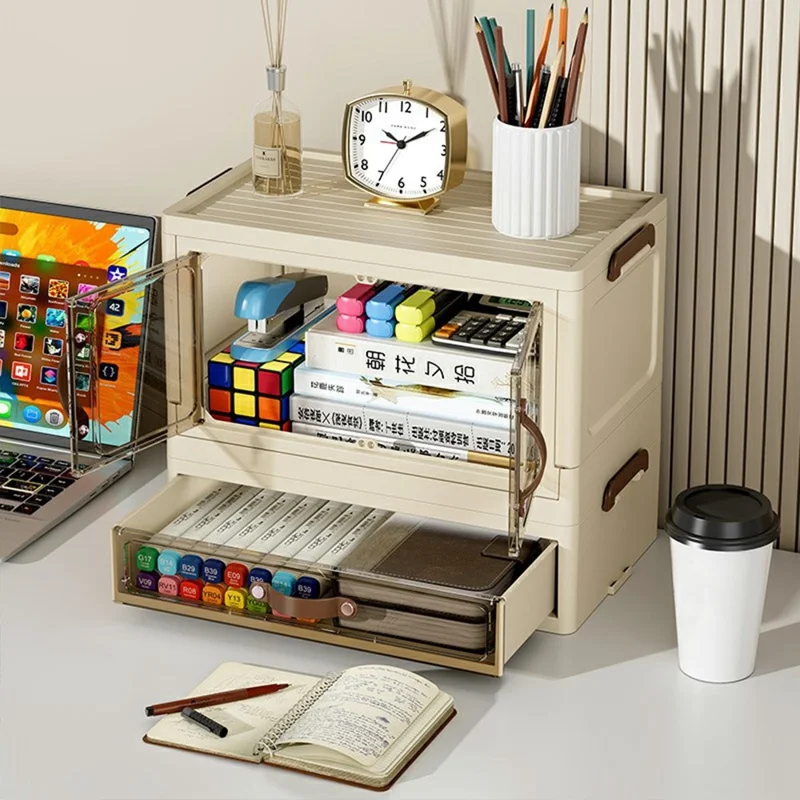 1-Layer Cabinet + 1-Layer Drawer Desktop PP Organizer Transparent Door Stationery Cosmetics Storage Box
