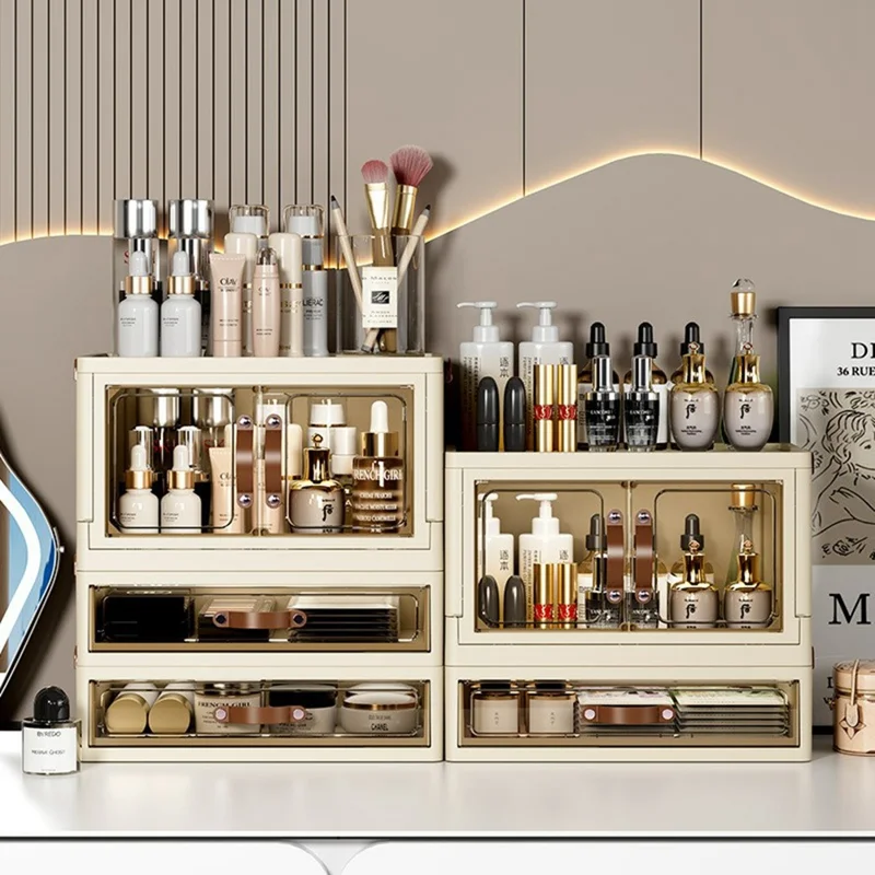 1-Layer Cabinet + 1-Layer Drawer Desktop PP Organizer Transparent Door Stationery Cosmetics Storage Box