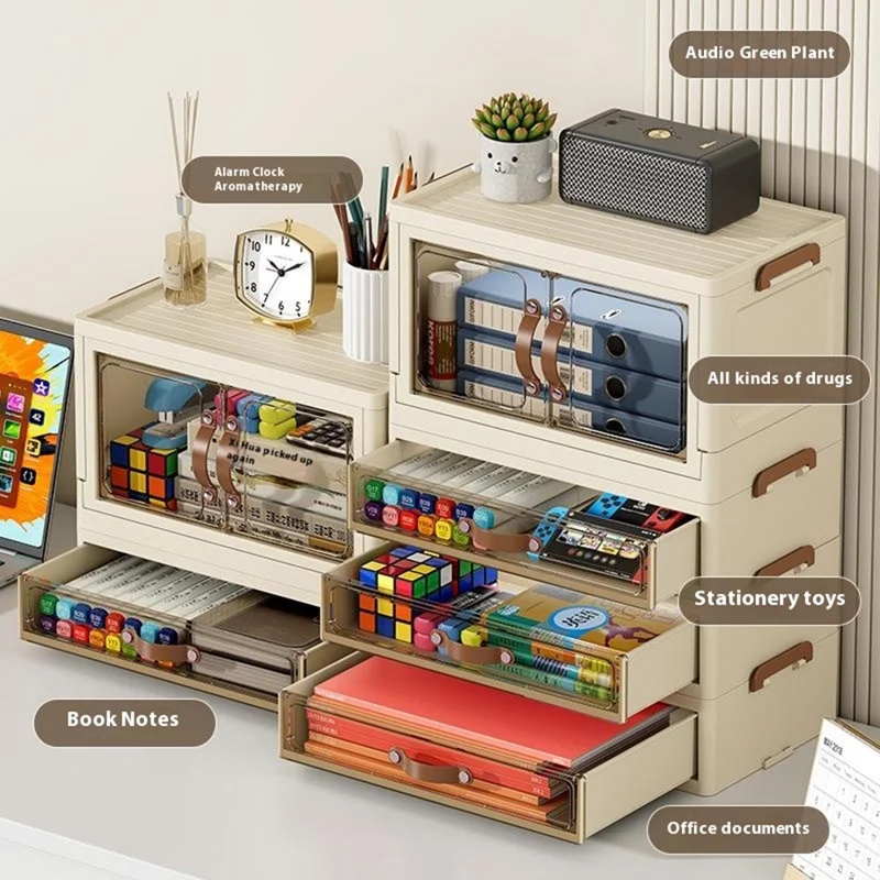 1-Layer Cabinet + 2-Layer Drawer Desktop PP Organizer Transparent Door Stationery Cosmetics Storage Box