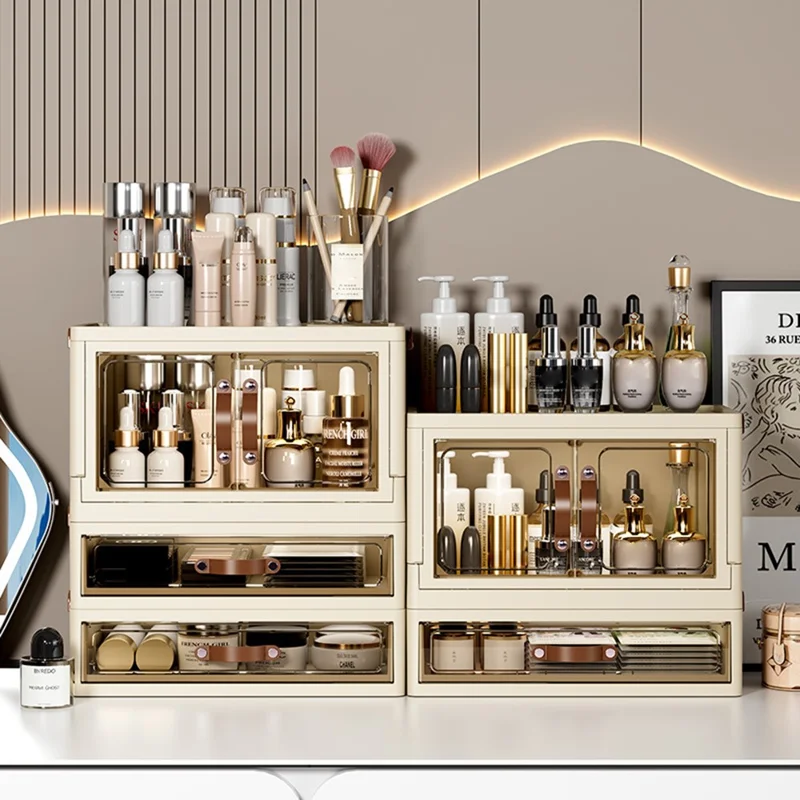 1-Layer Cabinet + 2-Layer Drawer Desktop PP Organizer Transparent Door Stationery Cosmetics Storage Box