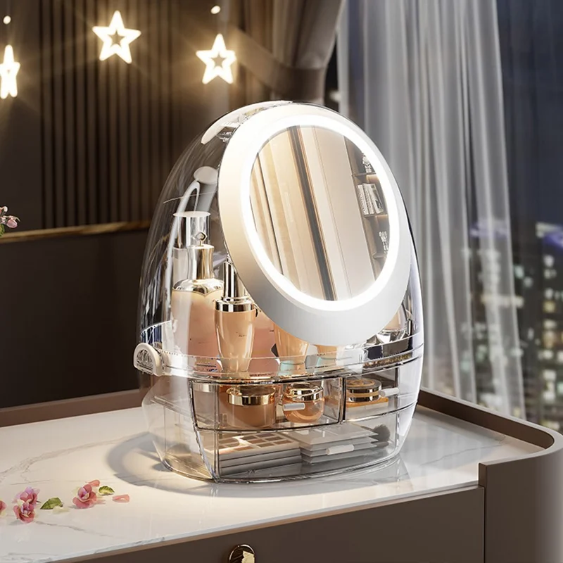 Organisateur de Maquillage de Bureau avec Miroir Rotatif à LED pour Rangement Cosmétique
