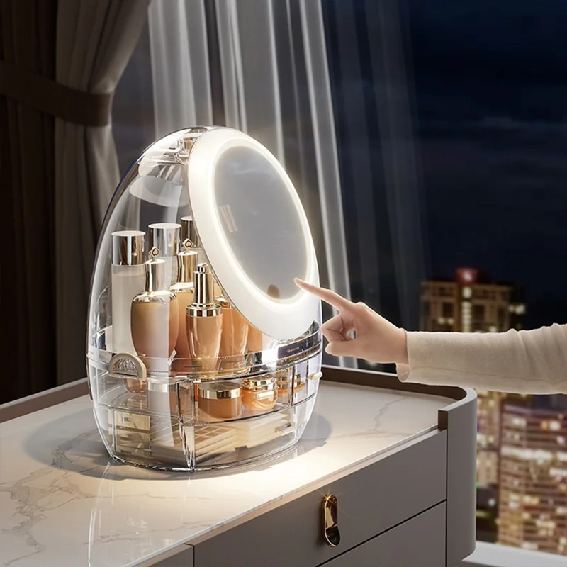 Organisateur de Maquillage de Bureau avec Miroir Rotatif à LED pour Rangement Cosmétique