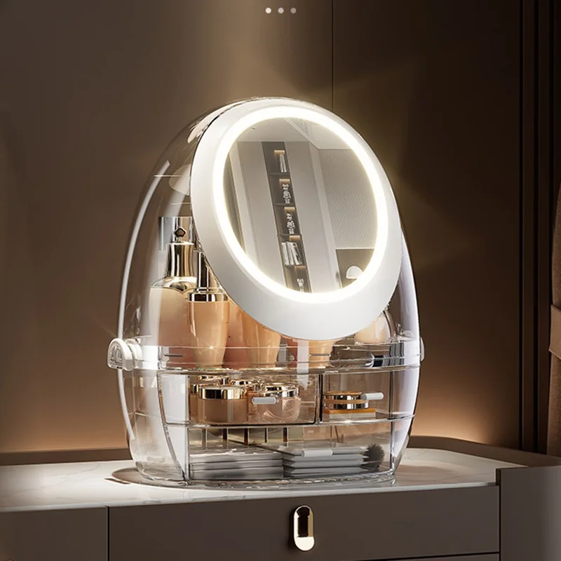 Organisateur de Maquillage de Bureau avec Miroir Rotatif à LED pour Rangement Cosmétique