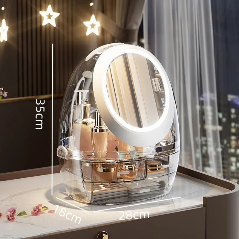 Organisateur de Maquillage de Bureau avec Miroir Rotatif à LED pour Rangement Cosmétique