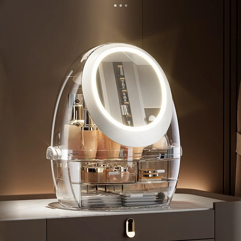 Rotating Mirror Makeup Organizer Vanity Double Layer Drawer Transparent Cosmetic Storage Box (without LED Light)