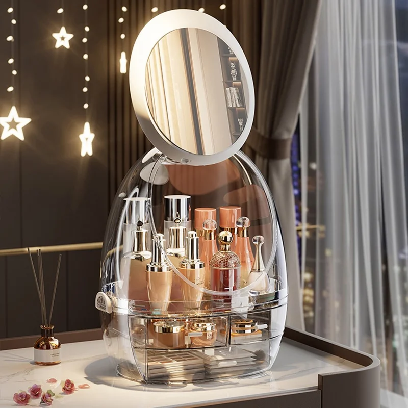 Rotating Mirror Makeup Organizer Vanity Double Layer Drawer Transparent Cosmetic Storage Box (without LED Light)
