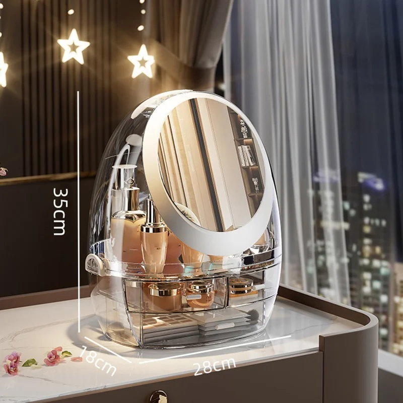 Rotating Mirror Makeup Organizer Vanity Double Layer Drawer Transparent Cosmetic Storage Box (without LED Light)