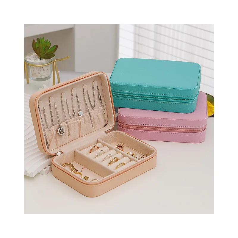 Caja organizadora de joyas portátil Estuche de almacenamiento de cuero Multicompartimento para uso doméstico y de viaje - Rosa