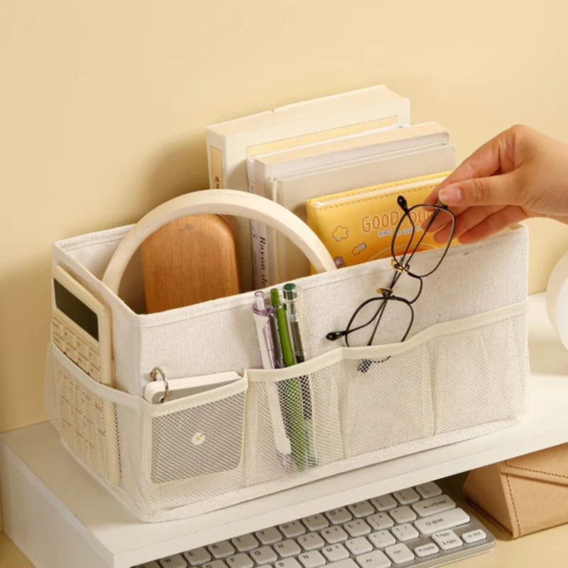 Foldable Desktop Organizer Box Multi-Compartment Storage Container for Cosmetics Jewelry Miscellaneous Items - Beige