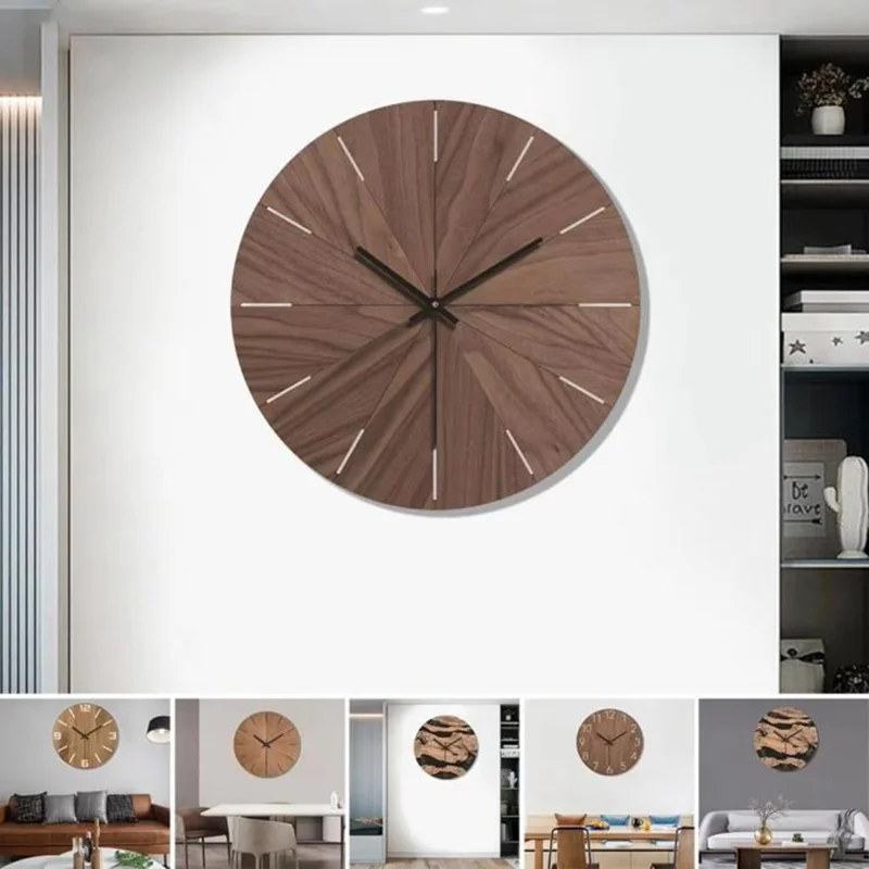 12 Inch Imitation Wood Grain Decorative Round Wall Clock Silent Quartz Clock for Bedroom Living Room - Style 1