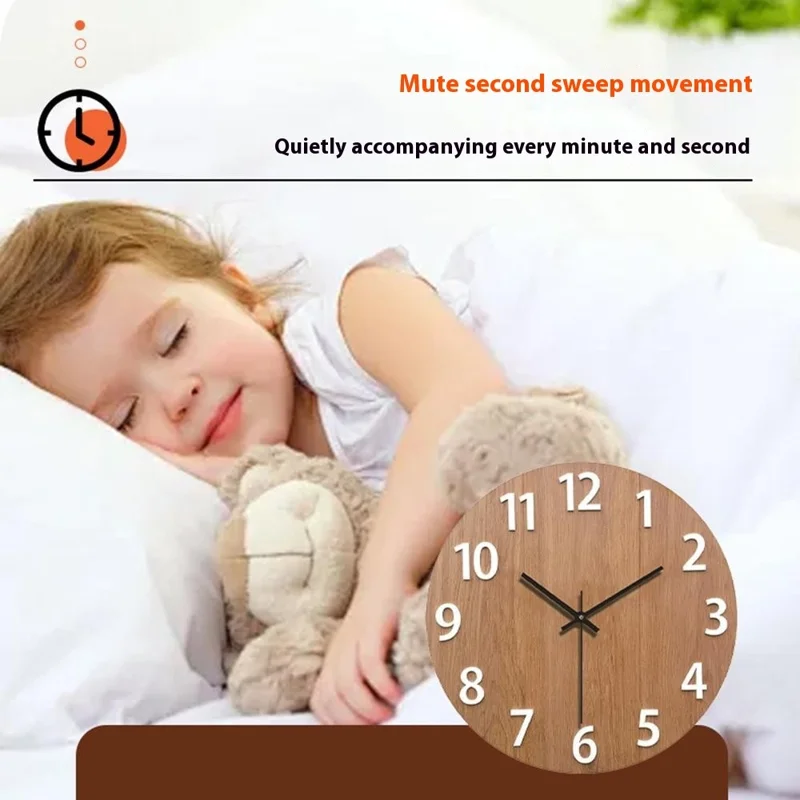12 Inch Imitation Wood Grain Decorative Round Wall Clock Silent Quartz Clock for Bedroom Living Room - Style 1