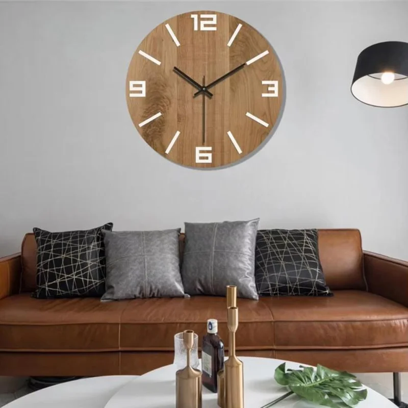 12 Inch Imitation Wood Grain Decorative Round Wall Clock Silent Quartz Clock for Bedroom Living Room - Style 1
