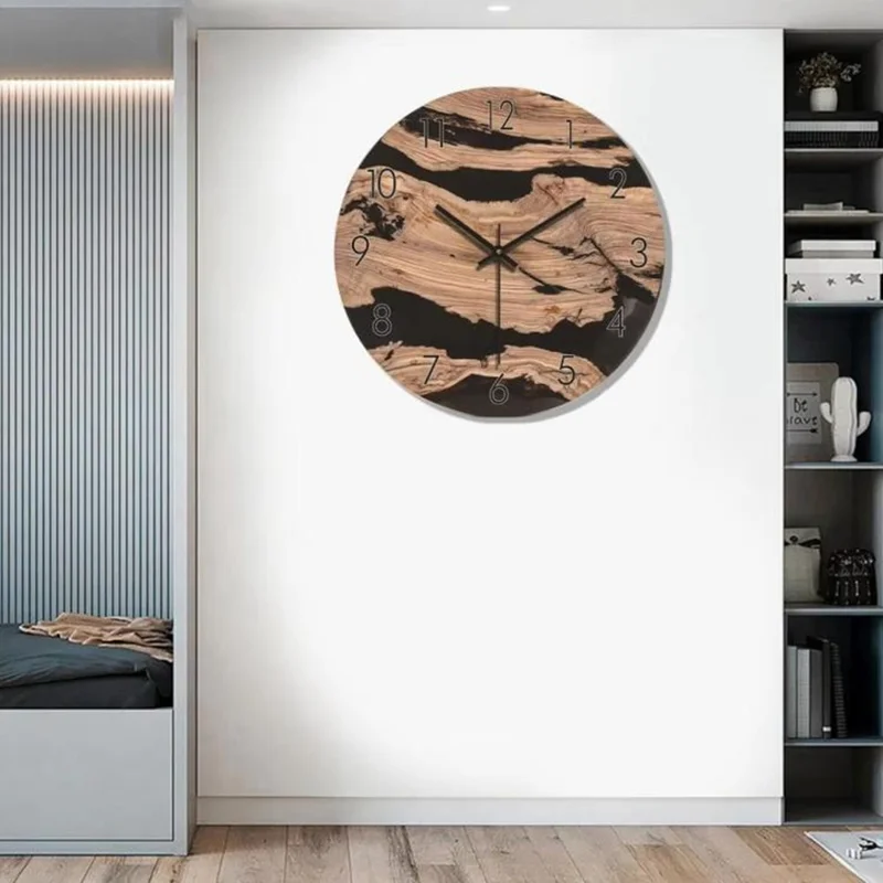 12 Inch Imitation Wood Grain Decorative Round Wall Clock Silent Quartz Clock for Bedroom Living Room - Style 1