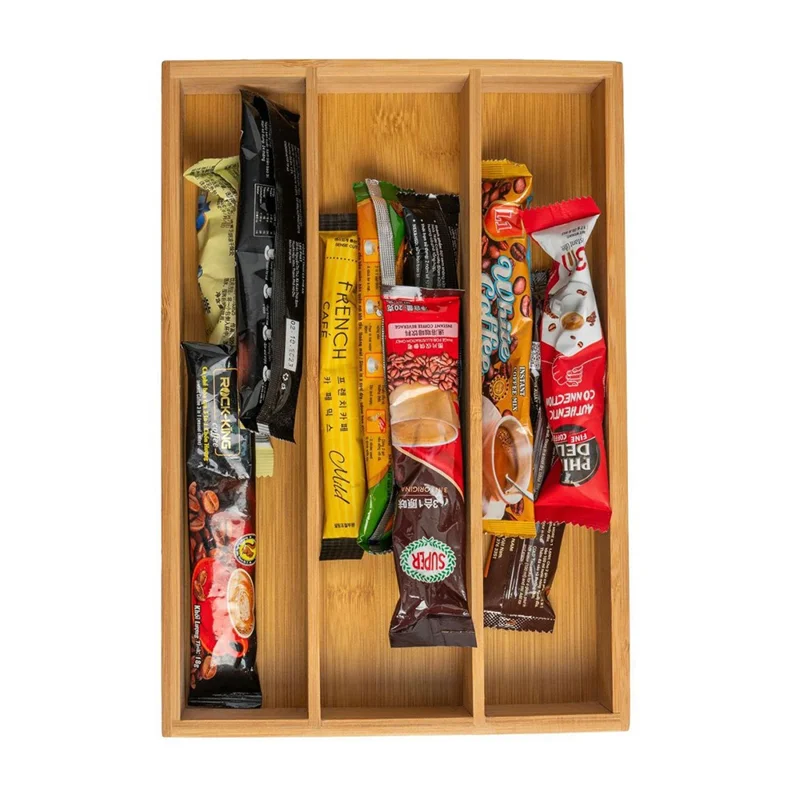 Organizador de cubiertos de bambú con 3 compartimentos, caja de almacenamiento para utensilios de cocina y soporte para cubertería