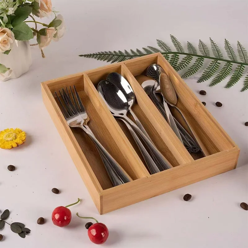 Organizador de cubiertos de bambú con 3 compartimentos, caja de almacenamiento para utensilios de cocina y soporte para cubertería