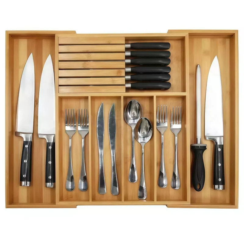 Organizador de cajón de cocina retráctil con bloque de cuchillos y soporte de utensilios de bambú