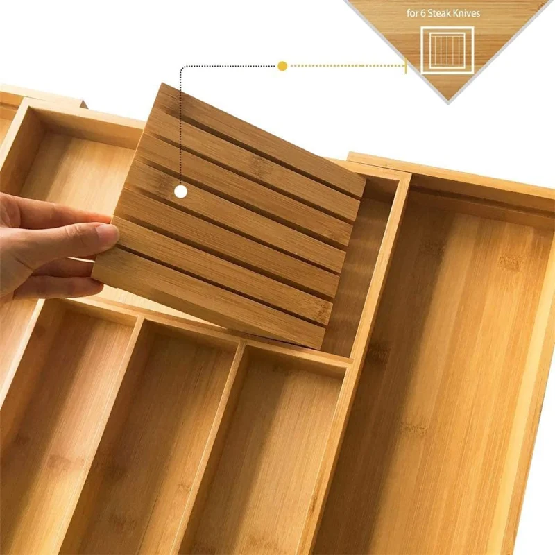 Organizador de cajón de cocina retráctil con bloque de cuchillos y soporte de utensilios de bambú