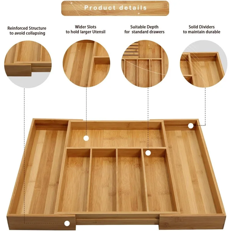 Organizador de cajón de cocina retráctil con bloque de cuchillos y soporte de utensilios de bambú