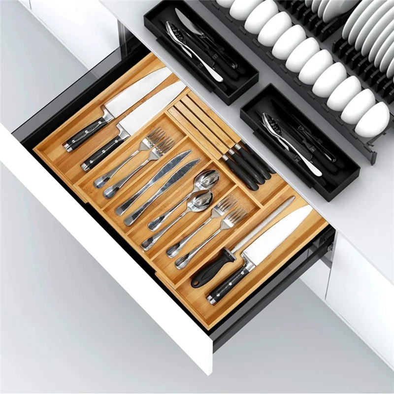 Organizador de cajón de cocina retráctil con bloque de cuchillos y soporte de utensilios de bambú