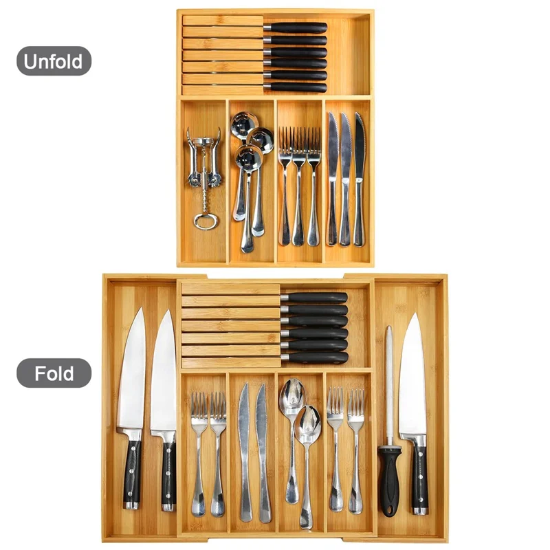 Organizador de cajón de cocina retráctil con bloque de cuchillos y soporte de utensilios de bambú