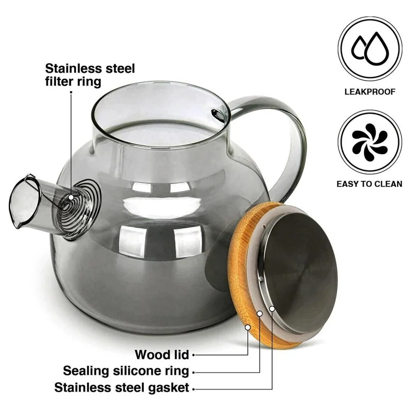 600ML Electroplated Transparent Teapot Heat Resistant High Borosilicate Glass Water Kettle Juice Jug (No FDA, BPA Free) - Transparent Black