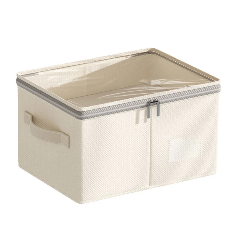 Size M Cotton Linen Foldable Storage Box with Transparent Top for Bedroom Clothes Organizer Container, 40 x 30 x 20cm