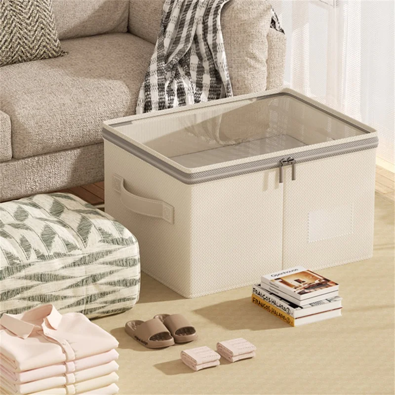Size M Cotton Linen Foldable Storage Box with Transparent Top for Bedroom Clothes Organizer Container, 40 x 30 x 20cm