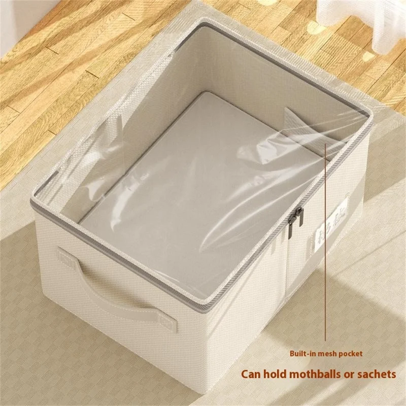 Boîte de rangement pliable en coton et lin de taille L avec couvercle transparent pour l'organisation des vêtements dans la chambre, 45 x 35 x 25 cm