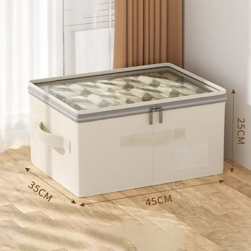 Boîte de rangement pliable en coton et lin de taille L avec couvercle transparent pour l'organisation des vêtements dans la chambre, 45 x 35 x 25 cm