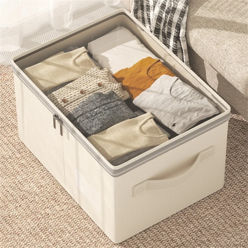 Caixa de Armazenamento Dobrável de Algodão e Linho Tamanho XL com Tampa Transparente para Organização de Roupas de Quarto, 50 x 40 x 30cm