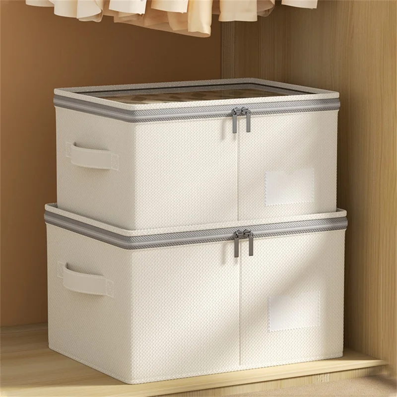 Caixa de Armazenamento Dobrável de Algodão e Linho Tamanho XL com Tampa Transparente para Organização de Roupas de Quarto, 50 x 40 x 30cm