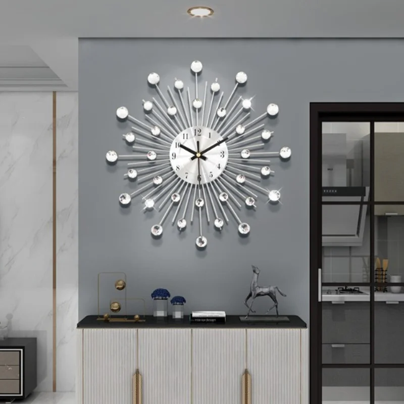 WM05 33 x 33cm Wrought Iron Wall Clock for Living Room Home Decor Quartz Clock Rhinestone Accents