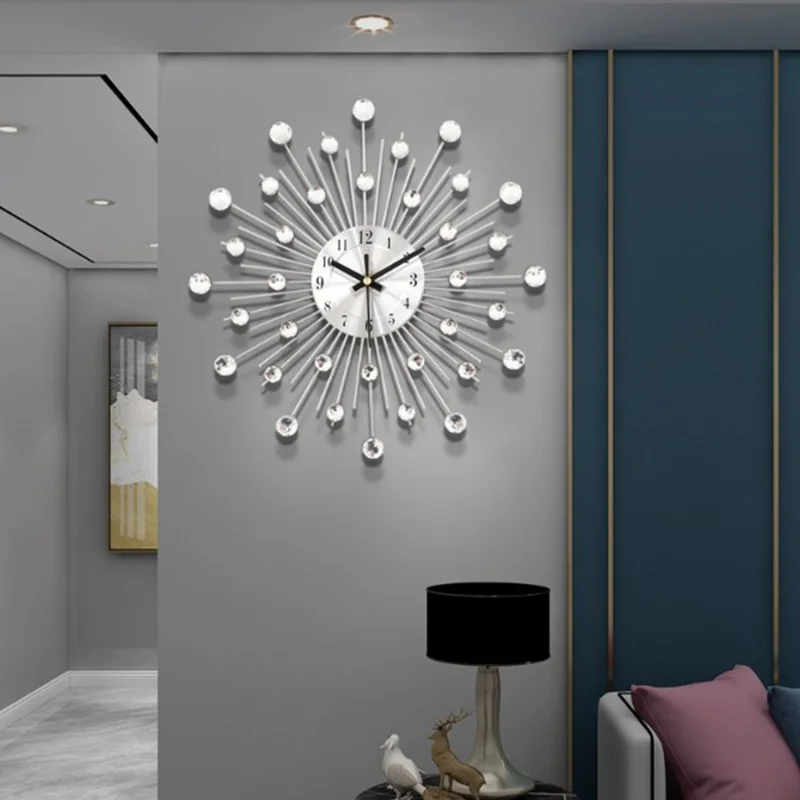 WM05 33 x 33cm Wrought Iron Wall Clock for Living Room Home Decor Quartz Clock Rhinestone Accents