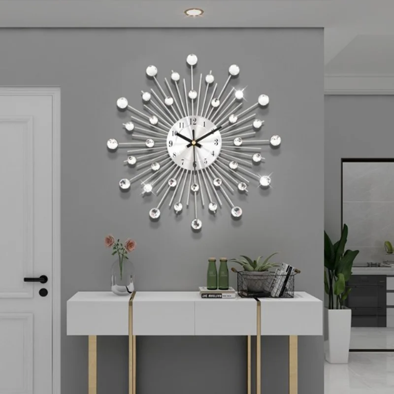 WM05 33 x 33cm Wrought Iron Wall Clock for Living Room Home Decor Quartz Clock Rhinestone Accents