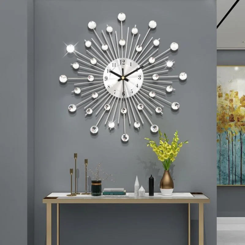 WM05 33 x 33cm Wrought Iron Wall Clock for Living Room Home Decor Quartz Clock Rhinestone Accents