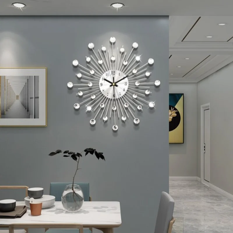WM05 33 x 33cm Wrought Iron Wall Clock for Living Room Home Decor Quartz Clock Rhinestone Accents