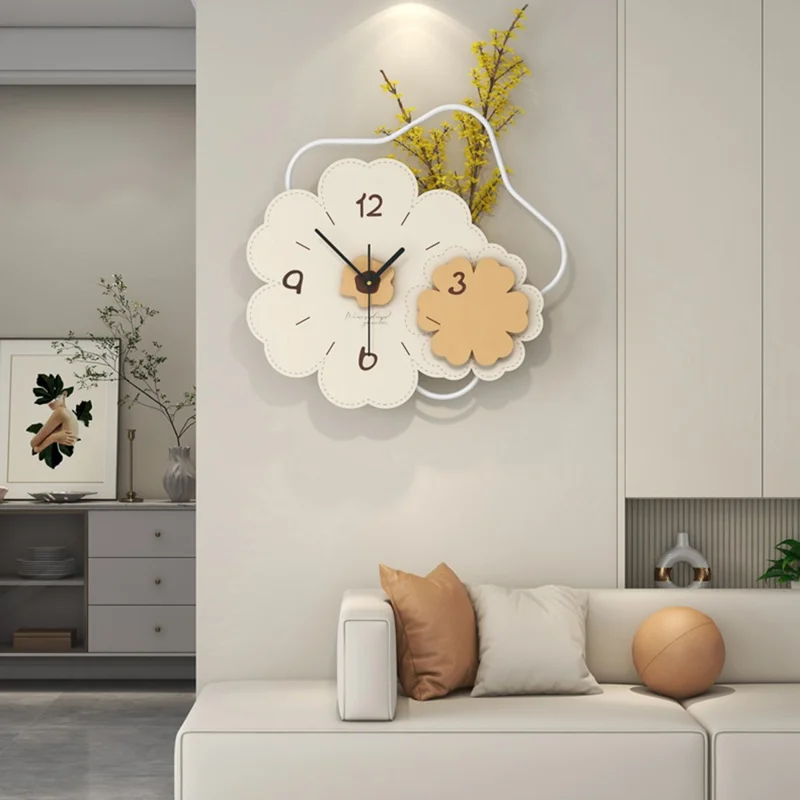 Horloge murale JT23206 moderne en bois et métal avec design floral, silencieuse, pour salon et chambre à coucher