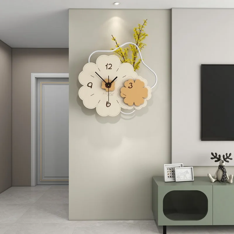 Horloge murale JT23206 moderne en bois et métal avec design floral, silencieuse, pour salon et chambre à coucher