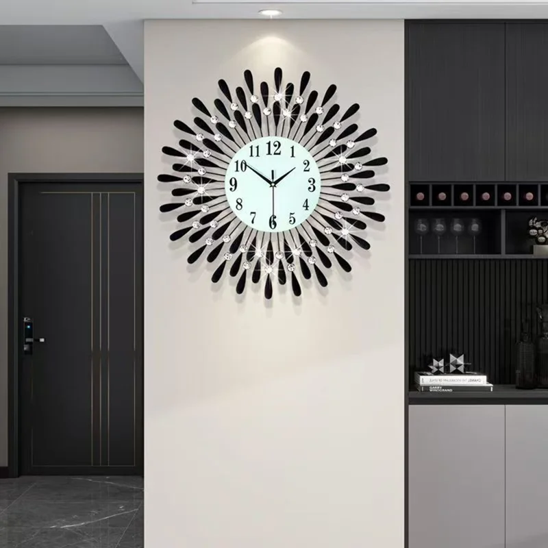 Horloge murale en fer et verre créative Horloge à quartz silencieuse pour le salon, 60x60cm