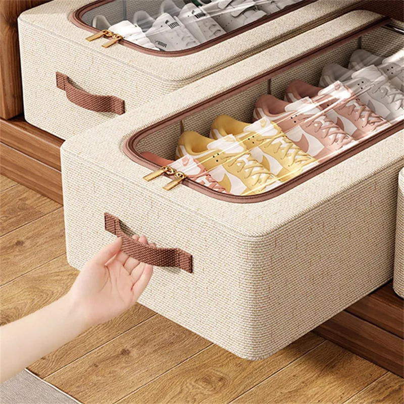 40 x 30 x 15cm Boîte de rangement pour chaussures sous le lit Pliable Coton et lin Organisateur de chaussures avec fenêtre transparente