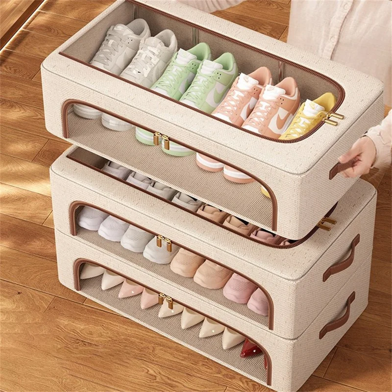 Boîte de rangement pour chaussures sous le lit de 40 x 30 x 21 cm avec fenêtres doubles, organisateur de vêtements pliable en coton et lin