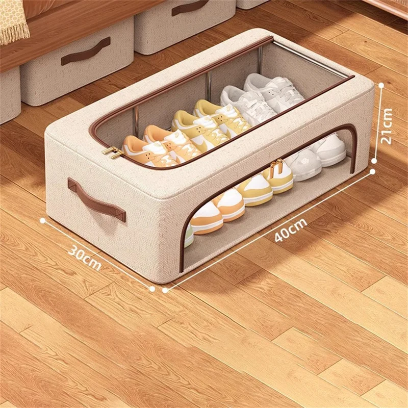 Boîte de rangement pour chaussures sous le lit de 40 x 30 x 21 cm avec fenêtres doubles, organisateur de vêtements pliable en coton et lin