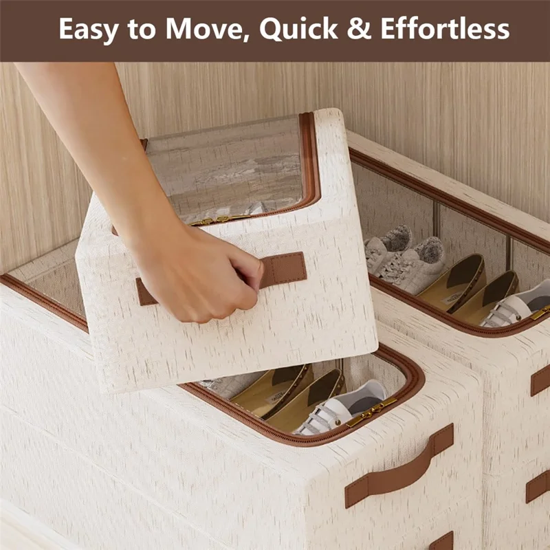 60 x 30 x 21cm Under Bed Shoe Storage Box with Dual Windows Cotton Linen Folding Clothes Organizer