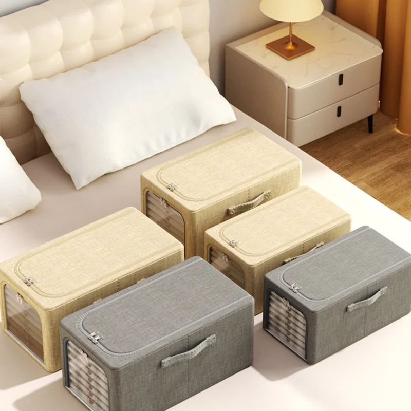Portable Storage Box 31L Cotton Linen Folding Organizer for Clothes Toys Closet Home Use - Beige
