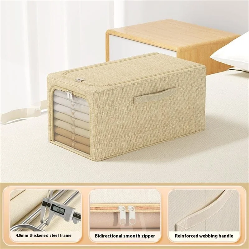Portable Storage Box 31L Cotton Linen Folding Organizer for Clothes Toys Closet Home Use - Beige