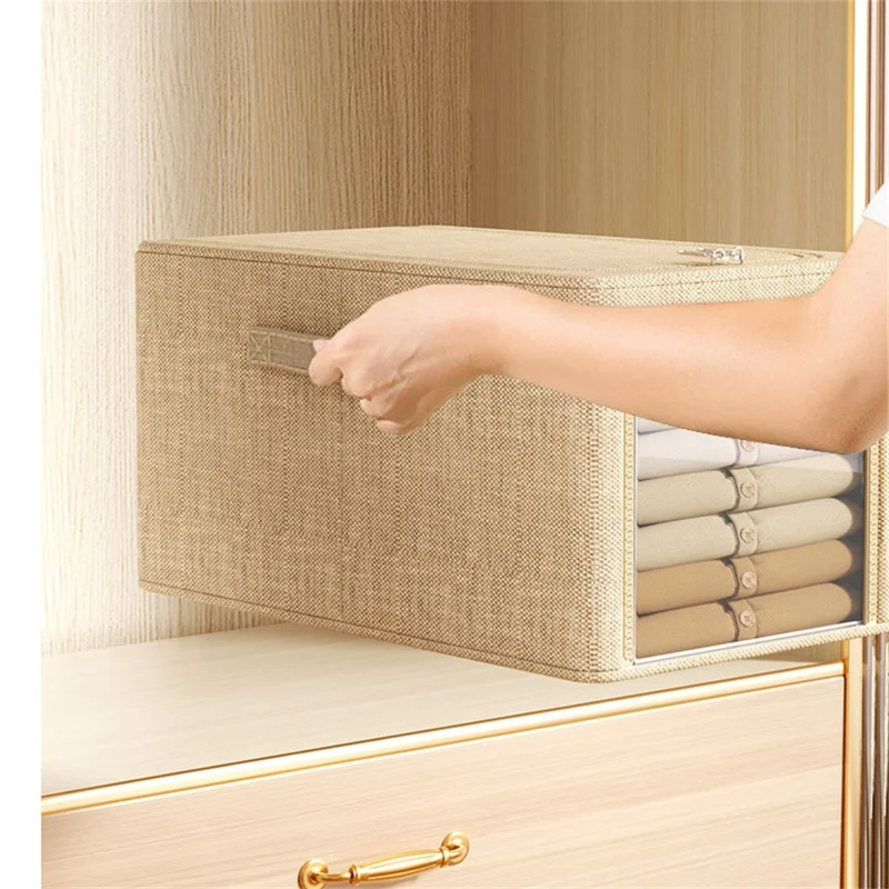 Portable Storage Box 31L Cotton Linen Folding Organizer for Clothes Toys Closet Home Use - Beige