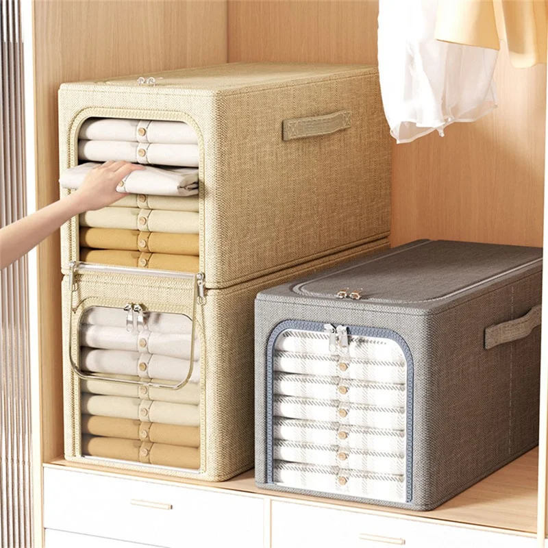 Portable Storage Box 31L Cotton Linen Folding Organizer for Clothes Toys Closet Home Use - Beige