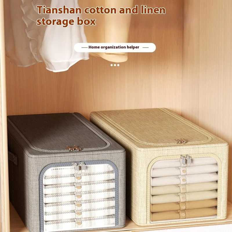 Portable Storage Box 31L Cotton Linen Folding Organizer for Clothes Toys Closet Home Use - Beige