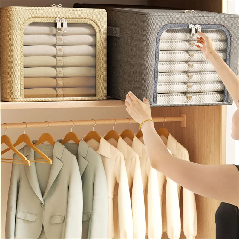 Caixa de Armazenamento Dobrável de 56L, Organizador de Roupas em Algodão e Linho para Guarda-Roupa, Brinquedos - Bege