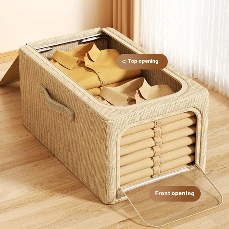 Caixa de Armazenamento Dobrável de 56L, Organizador de Roupas em Algodão e Linho para Guarda-Roupa, Brinquedos - Bege